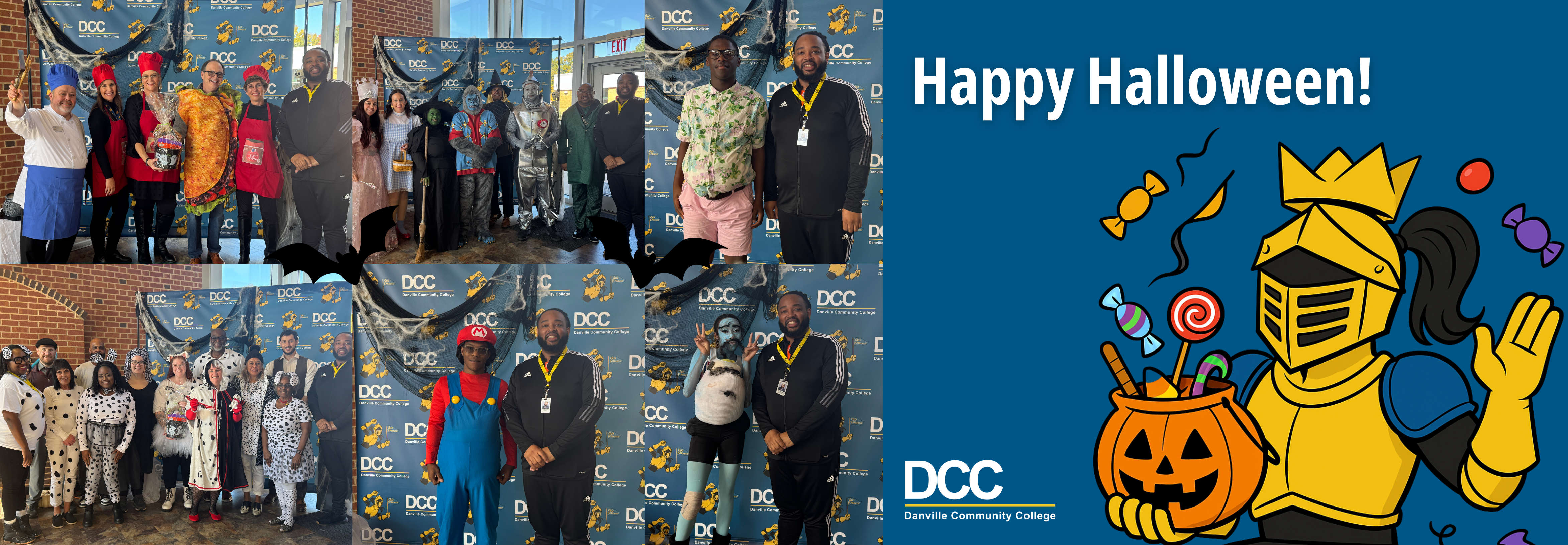 Happy Halloween from DCC. Pictured are faculty, staff, and students in costume. Happy Halloween written out and the Knight with halloween candy.